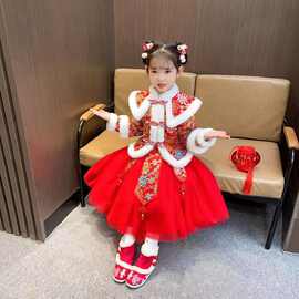 女童冬季套装裙古风新款中国风洋气古装两件套加绒汉服女宝公主裙