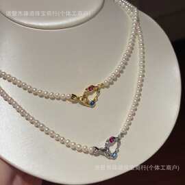 天然淡水珍珠3-4mm搭配彩宝工艺扣珍珠项链光泽温柔金银两色可选