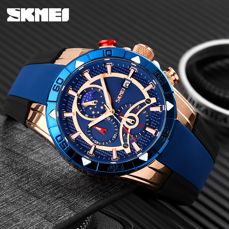 Momentos de belleza para hombres cronógrafo multifuncional de cuarzo muestra fase lunar reloj de pulsera impermeable correa de silicona reloj de deportes transfronterizos para hombres