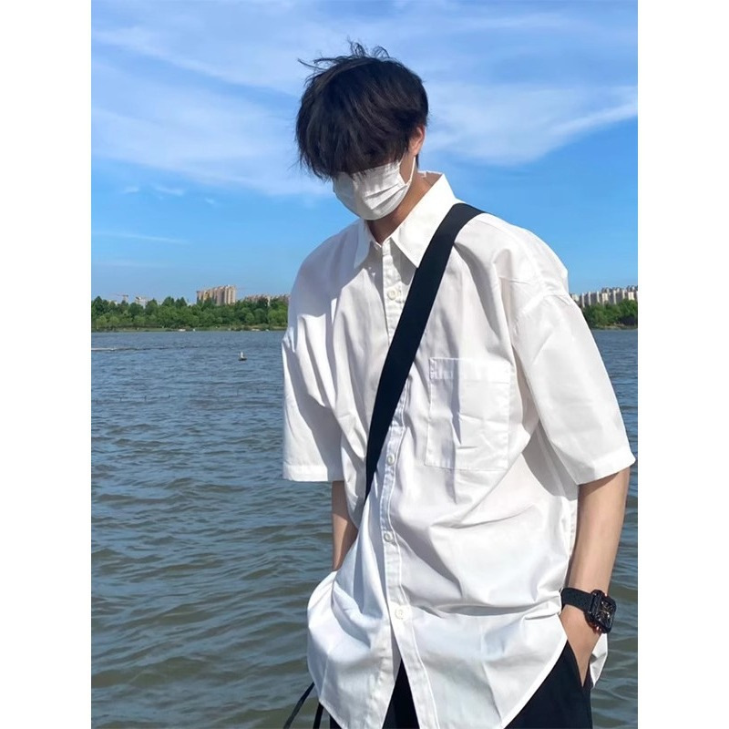 Sunshine Clean-Cut Style for Boys: Casual White Short-Sleeve Shirt, Loose Fit, Japanese Style, Youthful Vibe, Dk Shirt Jacket