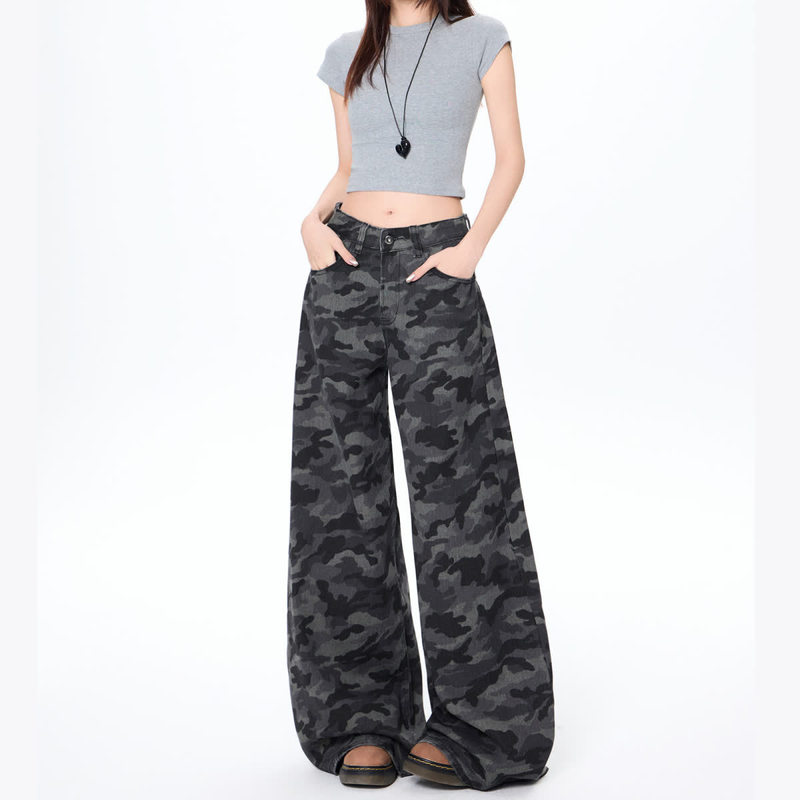 American Retro Camouflage Workwear Jeans for Women, New Style, Plus-Size, Relaxed Loose Straight Wide-Leg Casual Pants, Trendy