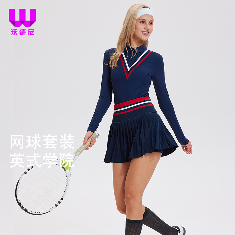 Trajes deportivos de tenis con solapa, mangas largas, falda corta, ejercicio, yoga, golf, tenis de dos piezas.