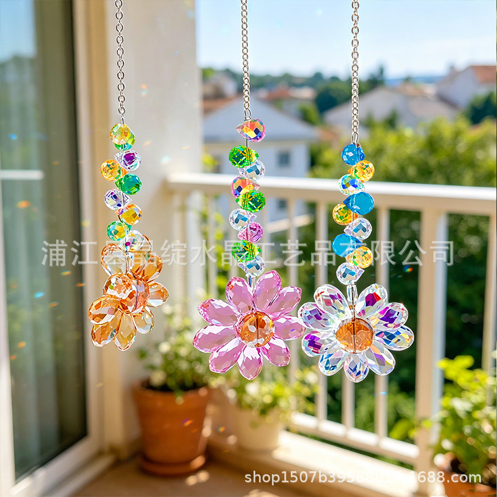 Fuente de fábrica de cristal colorido tejido a mano girasol flores sol atrapador de ventanas decorativas de cristal colgante