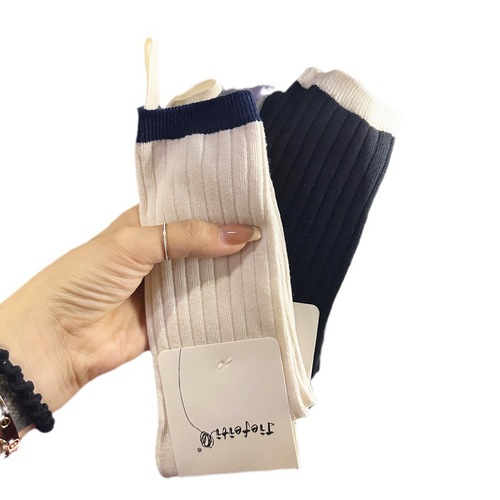 Korean Autumn/Winter New Double-Needle Colorblocked Fabric Label Socks for Men and Women, Ins Trendy Niche Collaborative Socks, Pure Cotton Mid-Calf Socks