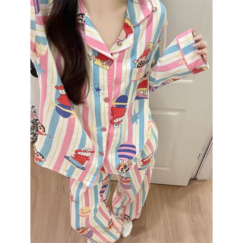 可爱甜美条纹蜡笔小新睡衣女春秋长袖长裤卡通家居服套装跨境批发|undefined