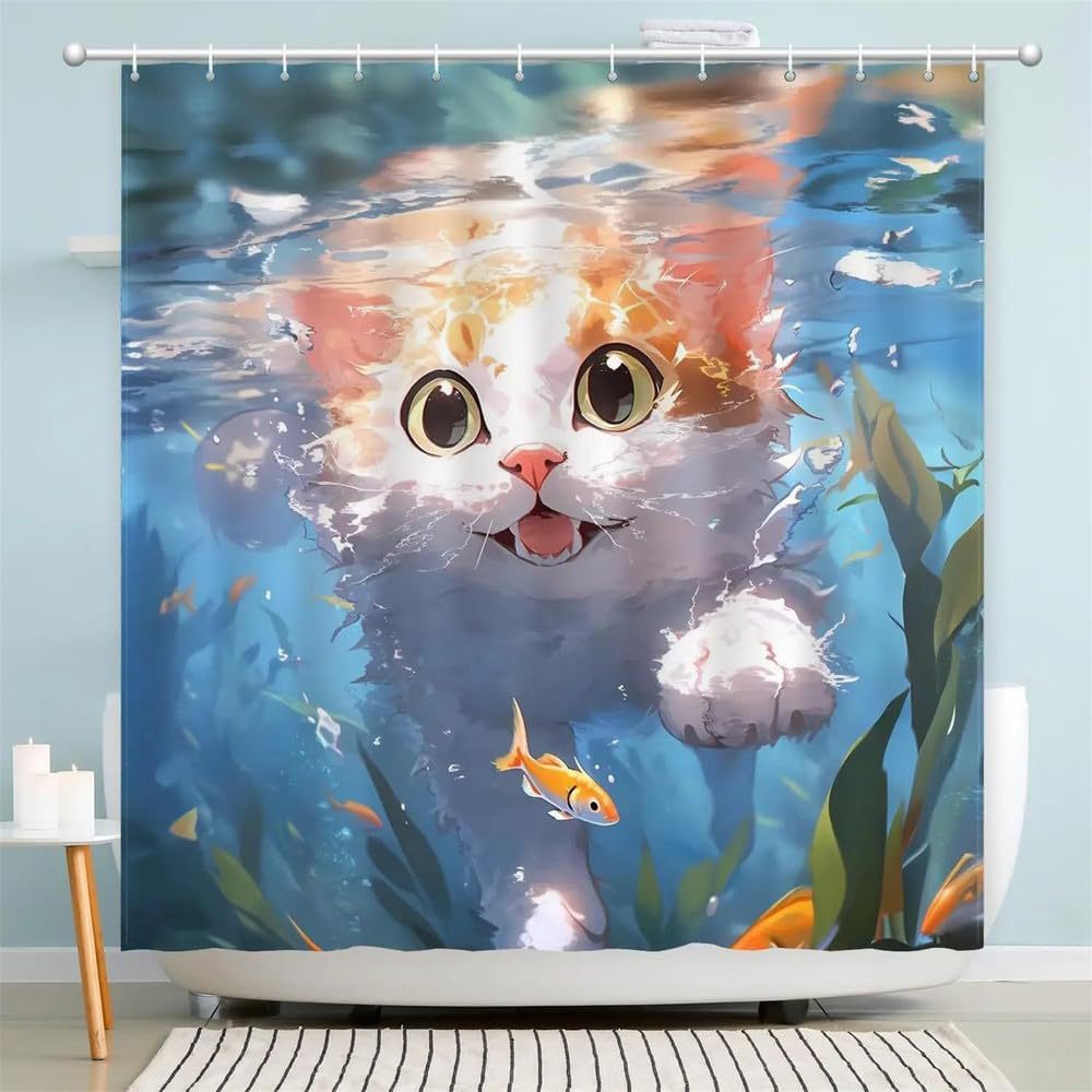 Divertida cortina de baño valiente gato sostiene tridente flecha montar tiburones en las olas ballenas gatos cortina de baño conjunto baño