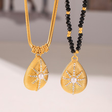 法式气质八芒星镶钻吊坠项链冷淡风不锈钢海洋贝壳纹理黑切面珠链