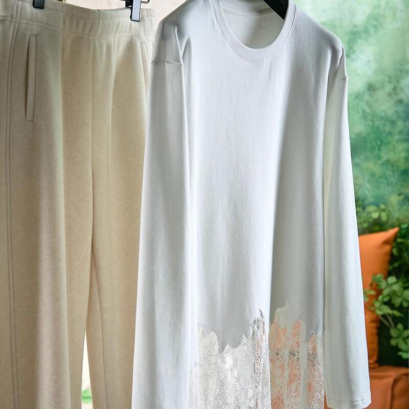 Shenzhen 5 New Nanyou Women's Clothing European Designer Stitching Lace fleece-lined Top Long Sleeve T-Shirt Base Shirt for Women