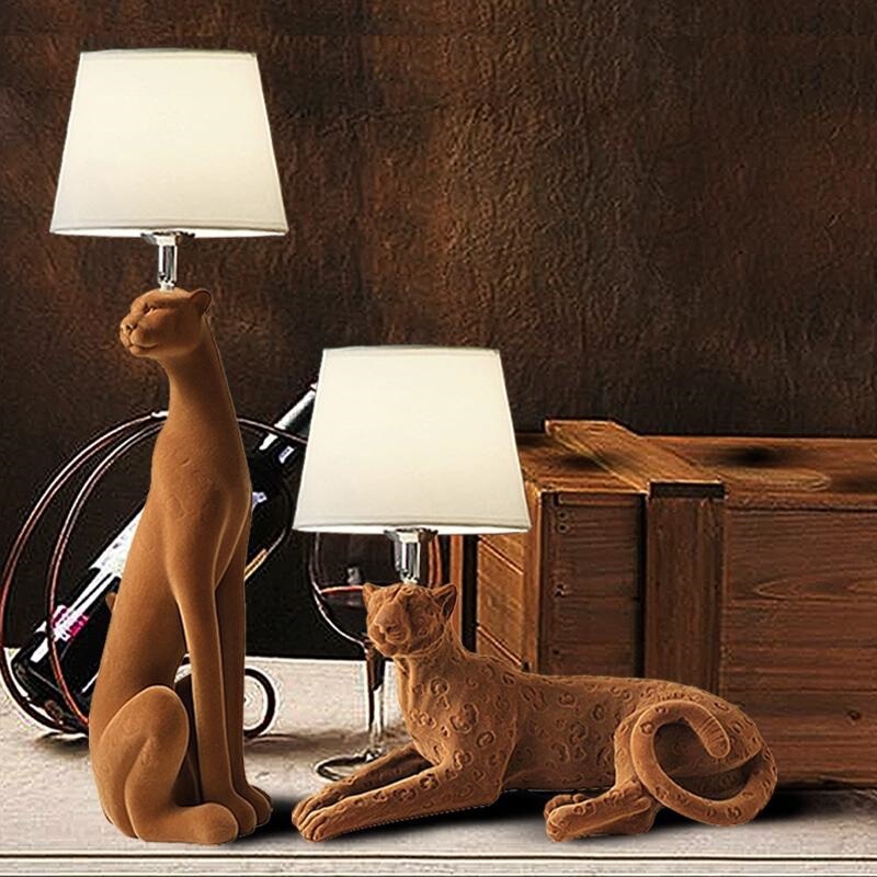 Leopard Nordic Soft Decoration Lamp Animal Home Decor Living Room Tv Cabinet Brown Resin Craft Velvet Ornament