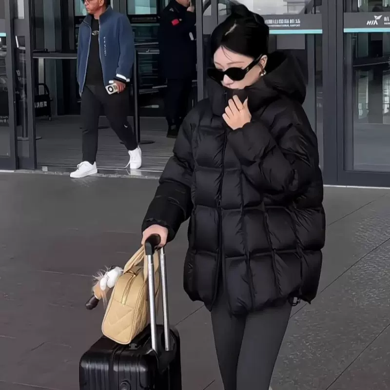 2025新款棉服女短款连帽方块韩版宽松大码棉衣