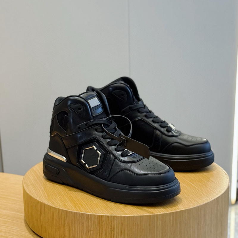 European and American Foreign Trade Punk Black High-Top Sneakers for Men, Thick-Soled Height-Increasing Sports Casual Shoes, Lace-Up Stylish Youth Trendy Shoes