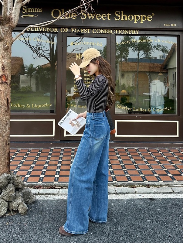 2025早秋新款高腰百搭宽松垂感显瘦怀旧蓝拖地裤女款阔腿牛仔裤|undefined