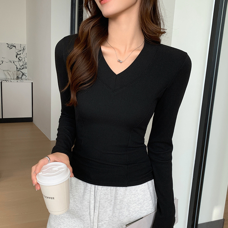 K1207严选百搭v领长袖t恤女早秋冬季内搭打底衫修身显瘦正肩上衣|undefined