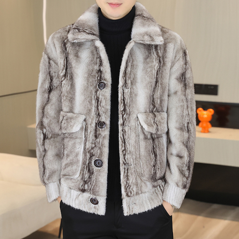 2025新款男装防水貂绒仿皮草休闲外套大码短款翻领加厚保暖两面穿