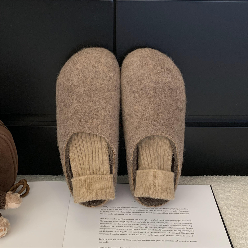 加绒勃肯鞋女厚底半拖秋冬新款毛毛拖鞋女外穿一脚蹬包头拖|undefined