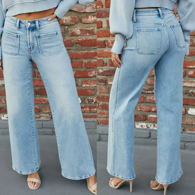 欧美弹力牛仔裤女新款外贸时尚宽松阔腿裤水洗气质通勤弹力牛仔裤
