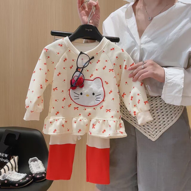 2025女童秋季套装新款韩范卡通Kt猫碎花裙摆卫衣拼色打底裤甜美套|undefined