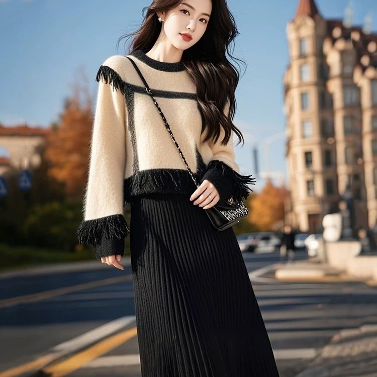 初秋穿搭一整套感气质名媛小香风针织毛衣裙子两件套装女