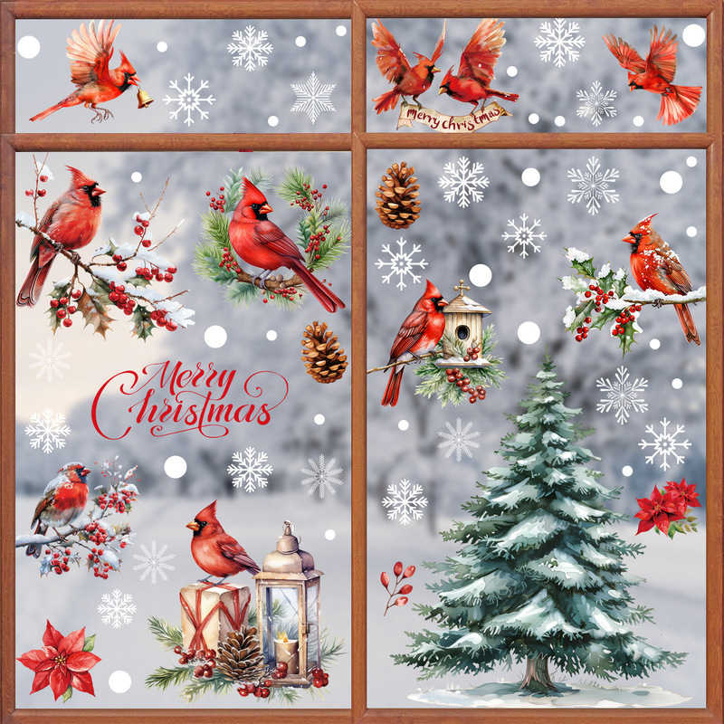 Christmas Pvc Electrostatic Sticker Cardinal Bird Window Sticker Wall Sticker Holiday Decoration Window Glass Sticker Customization