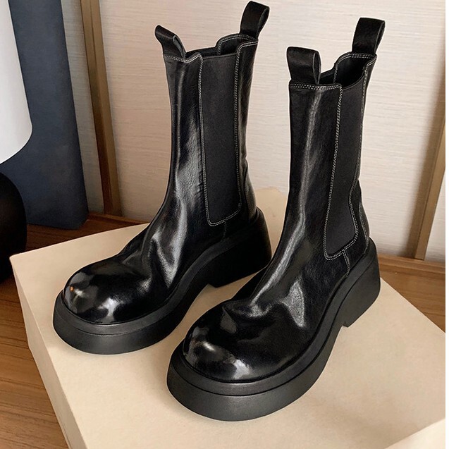 Grape Mom studiolee Heavy 6cm Shrink Marskin Elastband Thick Bottom Thick Heel Short Tube Chelsea Boots Women
