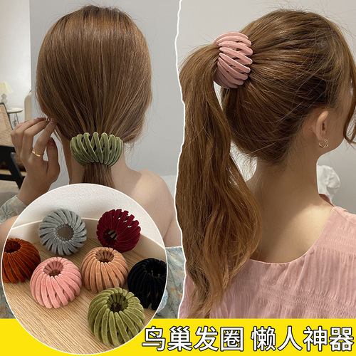 Korean lazy hair iron ball head artifact velvet bird's nest fluffy hair band hairpin high ponytail headdress