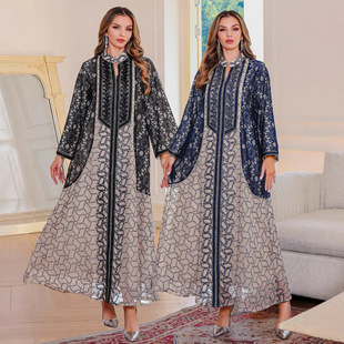 Spot New Heavy-Duty Mesh Embroider Robe Middle Eastern Clothing Xinjiang Oman Festival Abaya Muslim Women's Clothing