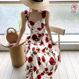 夏季法式海边度假浪漫玫瑰长裙子仙女薄款无袖挂肩花色背心裙女