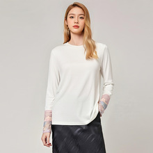 新中式内搭国风复古棉T恤女春秋打底衫宋锦拼接袖口 时尚百搭上衣