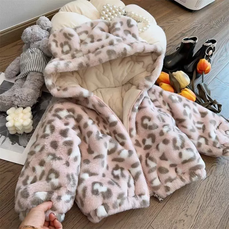 女童2025秋冬季节新款儿童冬季棉服撞色豹纹加绒加厚宝宝连帽外套