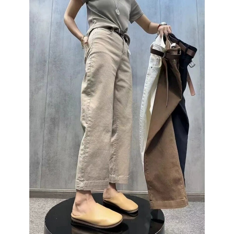 Plus-Size Vintage Stretchy Cropped Jeans for Women, Summer Thin Style, High-Waisted, Slimming, Straight-Leg Wide-Leg Pants for Petite and Curvy Figures
