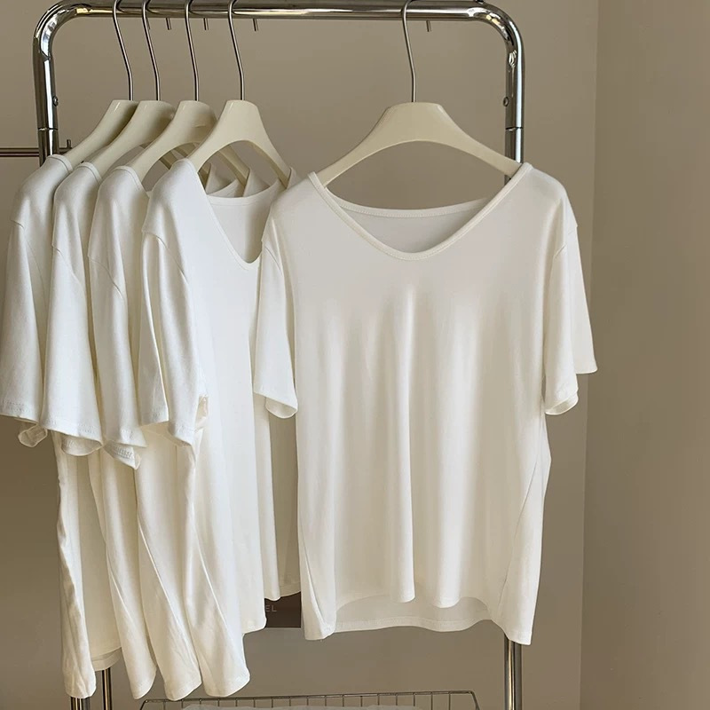Summer solid white elastic black short sleeve T-shirt