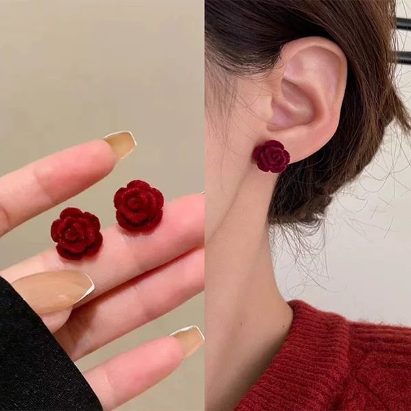 Red Velvet Flower Stud Earrings for Women, Elegant and High-End Earrings with Unique Design, Fashionable and Versatile, Popular Online Earrings Wholesale
