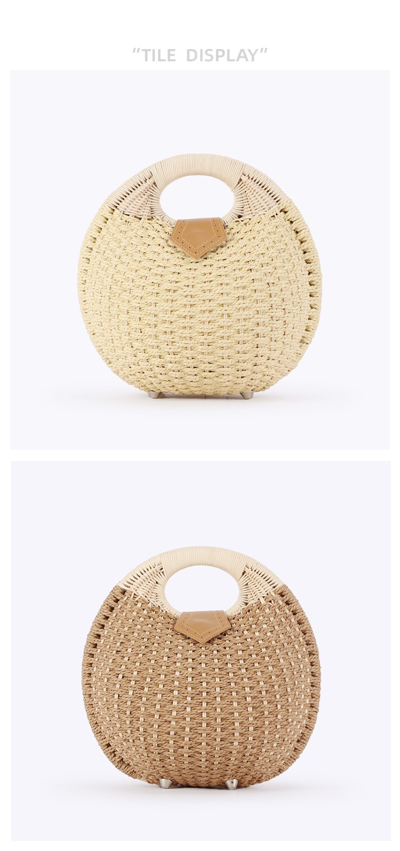 1500g Weight Polyester Cotton Lining Material Women's Paper Rattan Solid Color Vacation Beach Weave Round Magnetic Buckle Straw Bag
