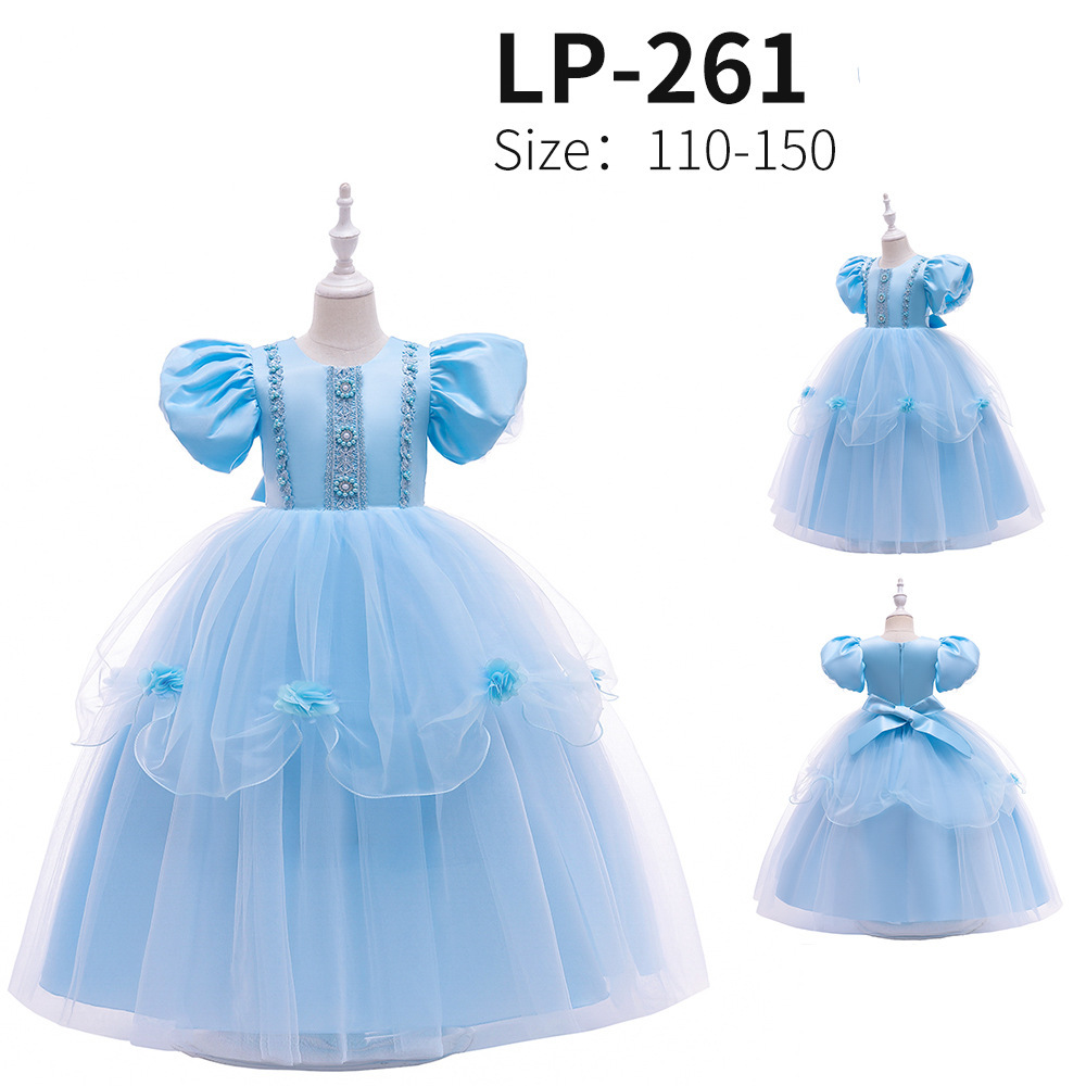Vestido de princesa Frozen, vestido largo de malla bordada con mangas abullonadas, disfraz de actuación para niñas, vestido de gala para niñas, venta al por mayor
