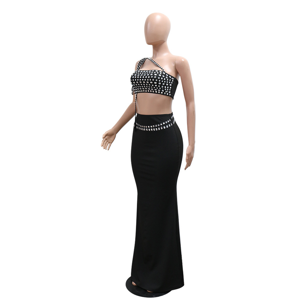 Suspenders Short Rhinestone Top with Slim Fit Package Hip Skirt Sets