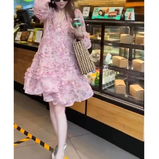 2426大爱美依缘2025春夏新款韩版时尚碎花连衣裙V领宽松减龄女裙