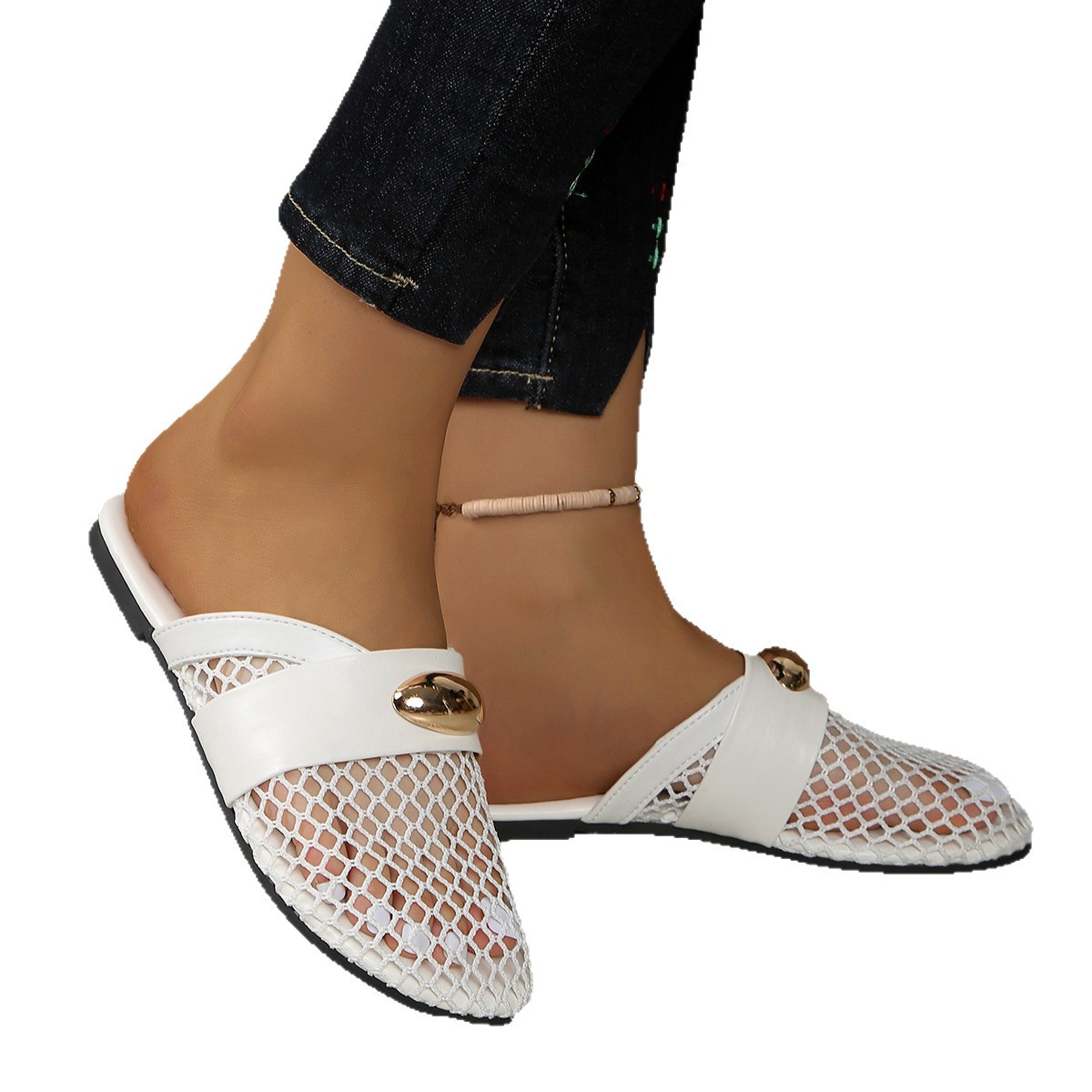 Damen-Slipper aus flachem Mesh, atmungsaktiv, geschlossene Zehenpartie, Sommerstil, Übergröße, Outdoor-Halbpantoffeln_voghion.com