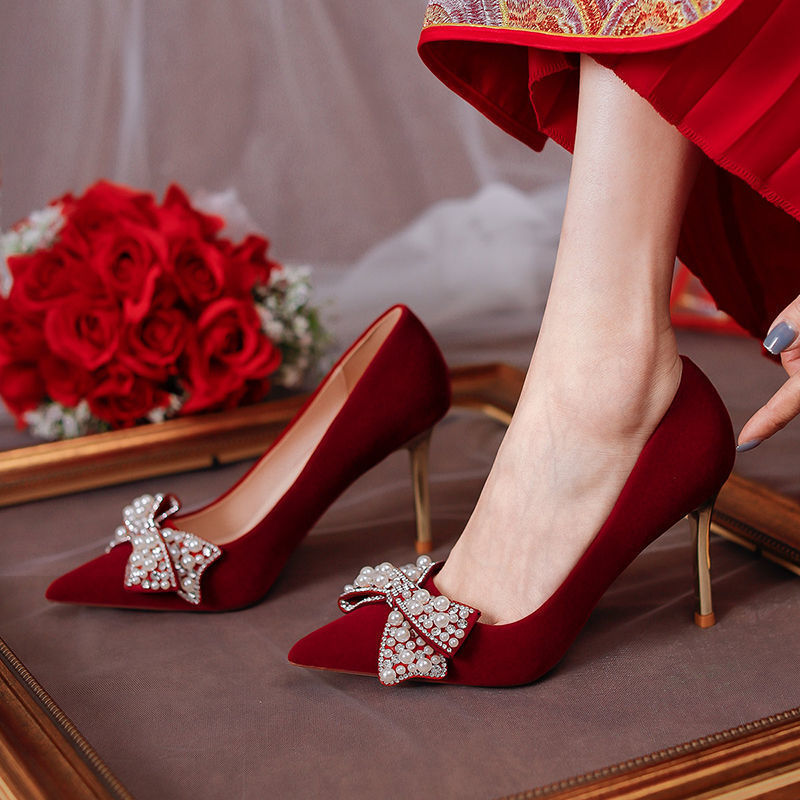Xiuhe wedding dress two-way wedding dress red wedding shoes 2024 New bow shallow mouth bridal shoes stiletto heels