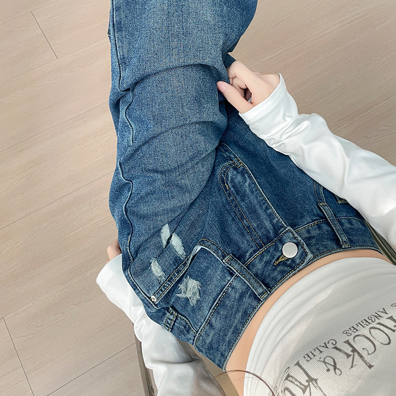 美式设计感磨破弯刀牛仔裤女秋季高腰显瘦遮肉时尚阔腿休闲拖地裤|undefined