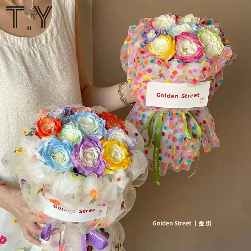 多巴胺彩色波点花朵纱网鲜花玫瑰花束包装纱diy手工包装材料布艺