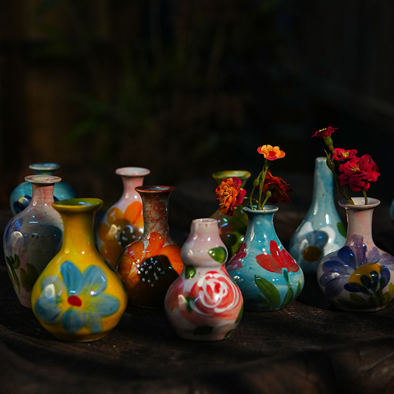 盲盒油画手绘小花瓶迷你手工小花器香薰瓶桌面景德镇陶瓷摆件插花|undefined