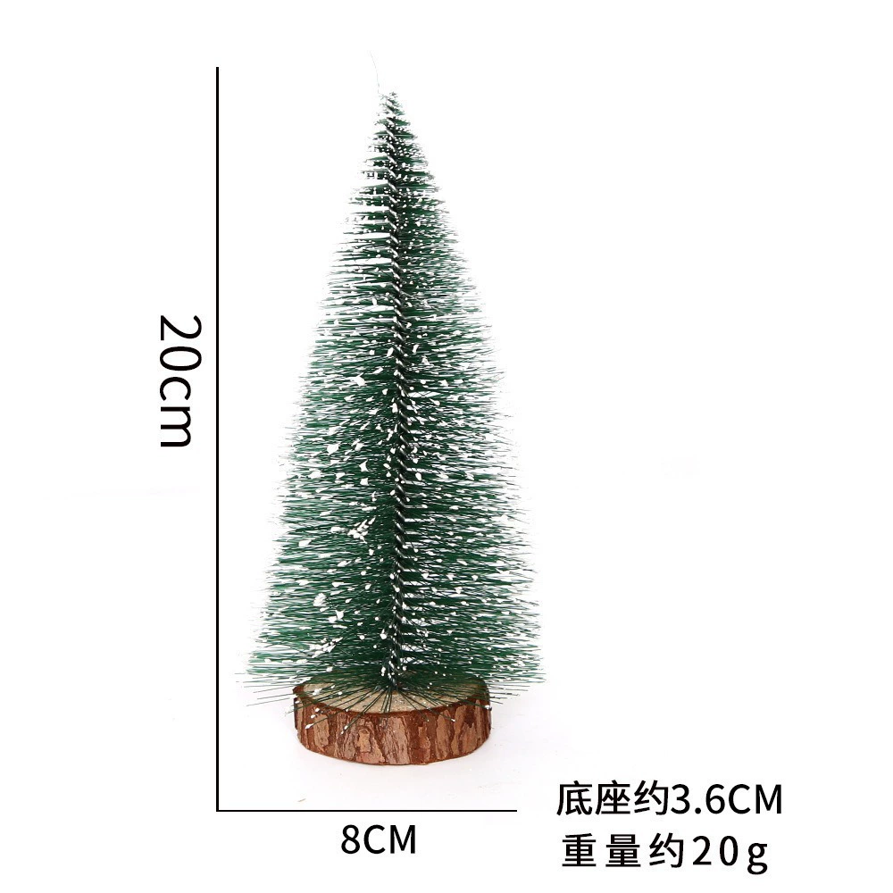 Mini tabletop Christmas tree, snow‑dipped tips, natural wood base, heights 10–40 cm