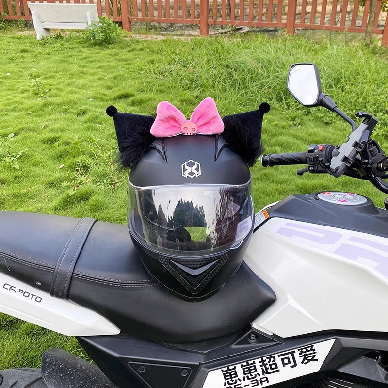 Universal Kuromi Ear Helmet Decoration Motorcycle Helmet Accessories Ski Helmet Universal (Auto Parts and Accessories) - kuromi-ears-rose-red-bow-excluding-tail-panda-and-helmet