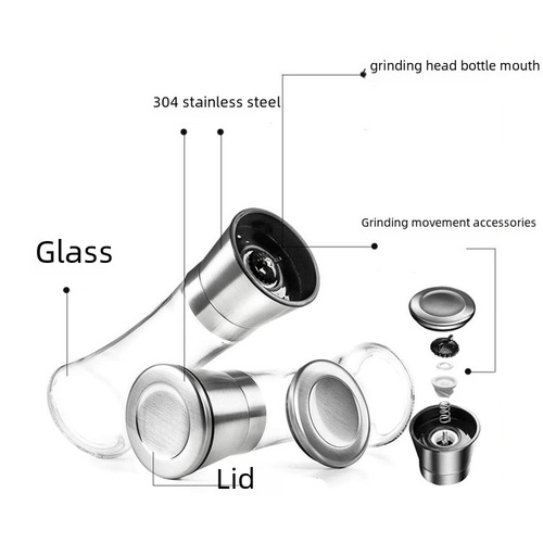 Manufacturer Direct Sales 304 Stainless Steel Pepper Grinder, Cross-Border Exclusive Glass Bottle Nutmeg Seasoning Container Grinder Bottle