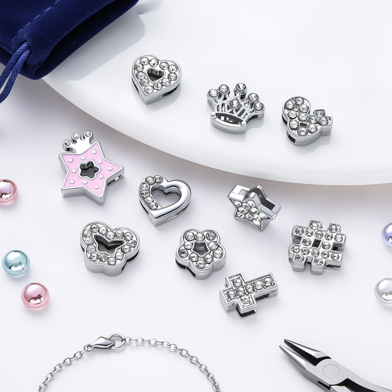 Alloy Rhinestone Flower-Shaped Flat Hole Beads, Heart-Shaped Crown Cross Beads, DIY Necklace Keychain Accessories Alloy Rhinestone Flower-Shaped Flat Hole Beads, Heart-Shaped Crown Cross Beads, DIY Necklace Keychain Accessories