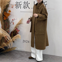 上海兰芝立领羊毛双面呢大衣女2024冬季新款赫本风毛呢外套240860