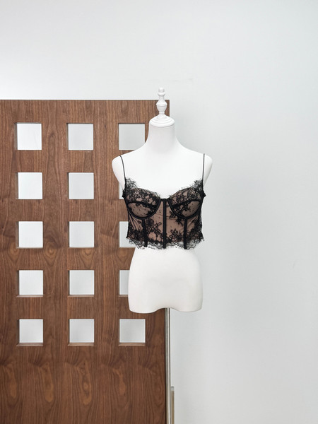 24aw Sexy Po * m Black and White Heavy Industry Fishbone Eyelash Lace Camisole Vest