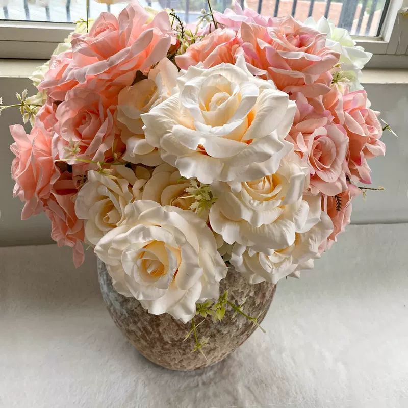 7头大号凤艳玫人造仿真花客厅绿植盆栽假花室内礼堂装饰玫瑰花束