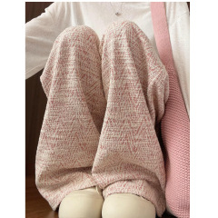 粉色人字纹阔腿裤女春秋季新款高腰显瘦宽松慵懒风直筒休闲遛弯裤