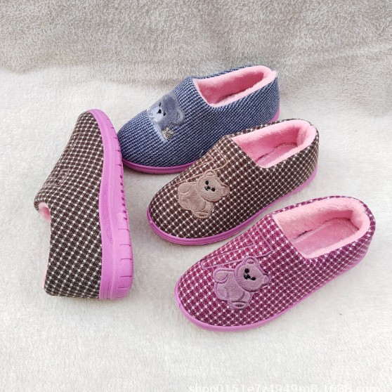 冬季棉拖鞋女棉鞋包跟可爱格子室内棉拖鞋防滑保暖毛绒低帮月子鞋